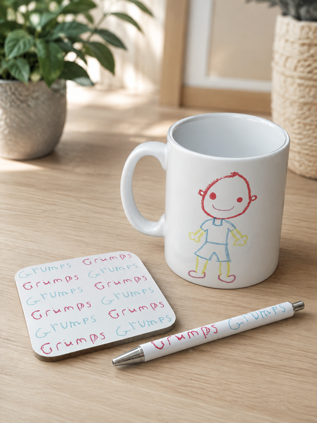 custom printed mug, coaster and pen